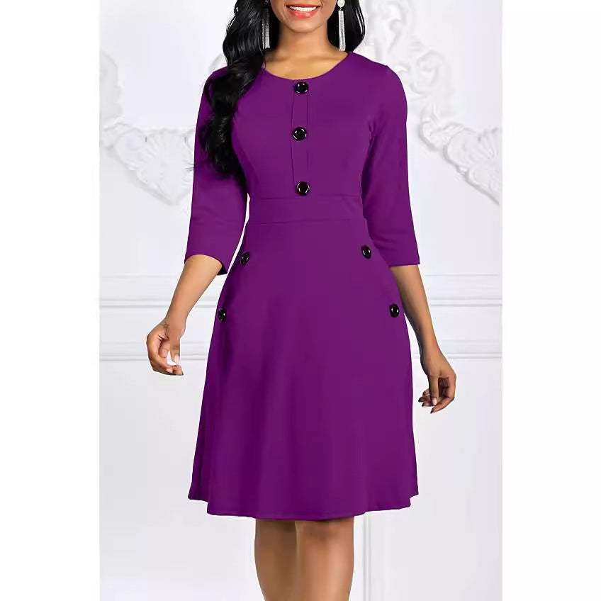 Women's European And American Autumn And Winter Solid Color Dress Round Neck 34 Sleeves Button Waist-tight