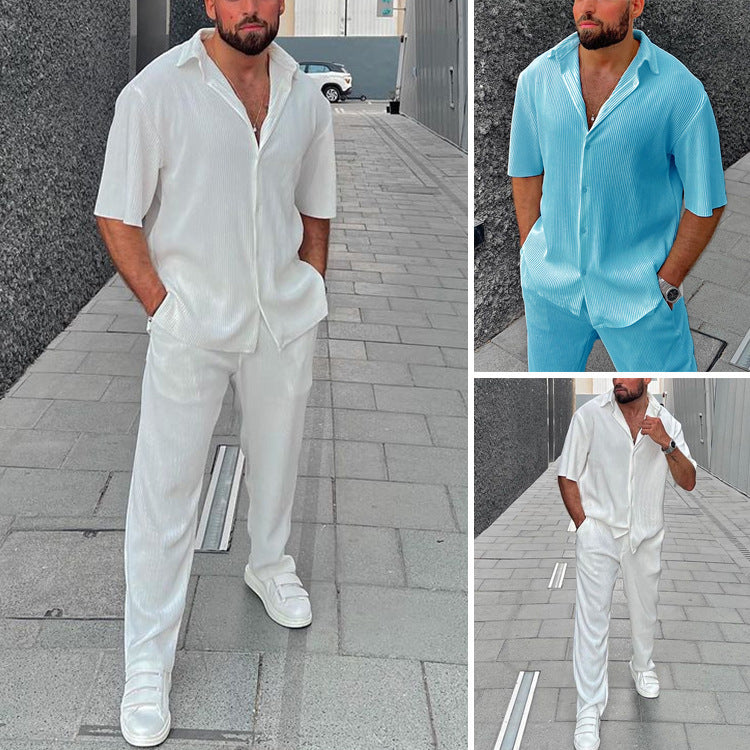 European And American Leisure Loose Beachwear Solid Color Striped Short Sleeve Suit Southeast Asian Men's Shirt Two-piece Set