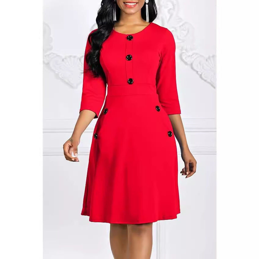 Women's European And American Autumn And Winter Solid Color Dress Round Neck 34 Sleeves Button Waist-tight