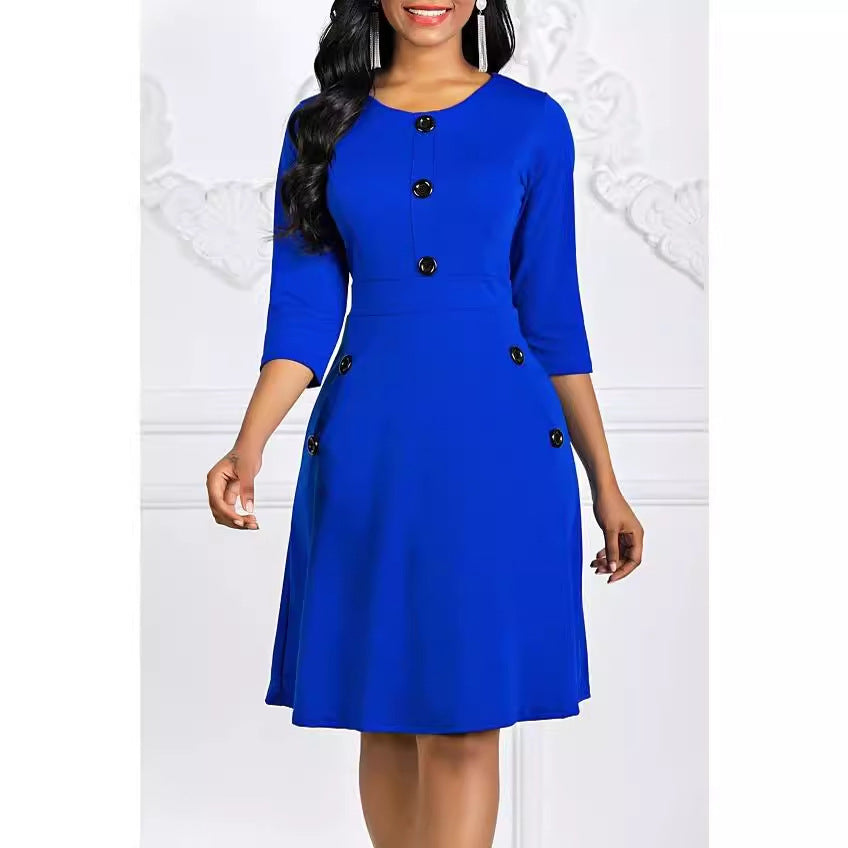 Women's European And American Autumn And Winter Solid Color Dress Round Neck 34 Sleeves Button Waist-tight