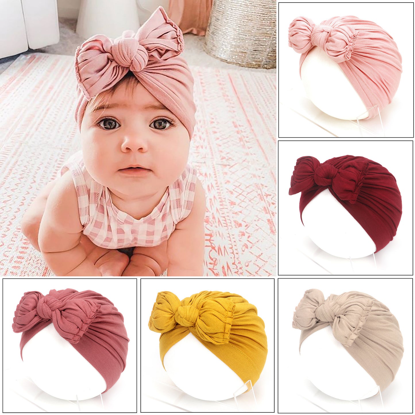 Pleated Baby Hat Bow Solid Color Pullover Indian Hat